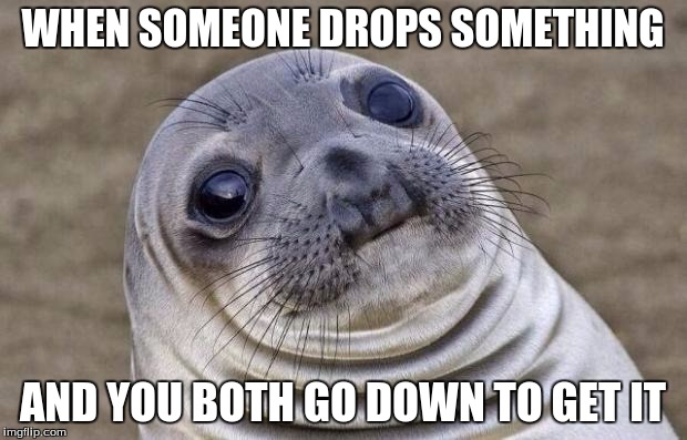 Awkward Moment Sealion | WHEN SOMEONE DROPS SOMETHING; AND YOU BOTH GO DOWN TO GET IT | image tagged in memes,awkward moment sealion,drop | made w/ Imgflip meme maker