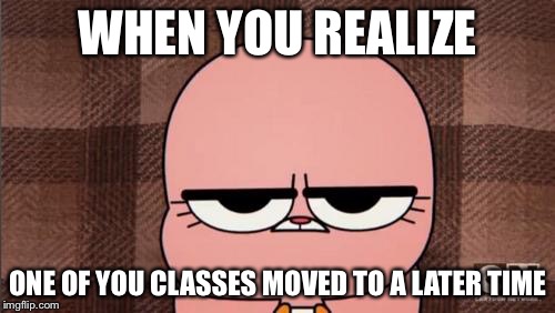 Classes Changed Times | WHEN YOU REALIZE; ONE OF YOU CLASSES MOVED TO A LATER TIME | image tagged in anais' grumpy face,memes,the amazing world of gumball | made w/ Imgflip meme maker