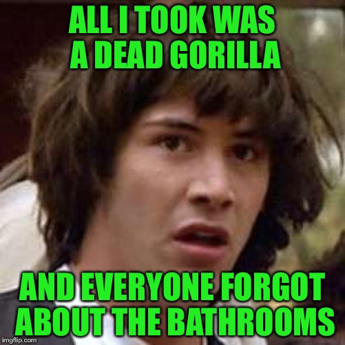 I have not heard a news story lately about this stuff | ALL I TOOK WAS A DEAD GORILLA; AND EVERYONE FORGOT ABOUT THE BATHROOMS | image tagged in memes,conspiracy keanu | made w/ Imgflip meme maker