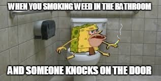 Stoner Spongegar | WHEN YOU SMOKING WEED IN THE BATHROOM; AND SOMEONE KNOCKS ON THE DOOR | image tagged in stoner spongegar | made w/ Imgflip meme maker
