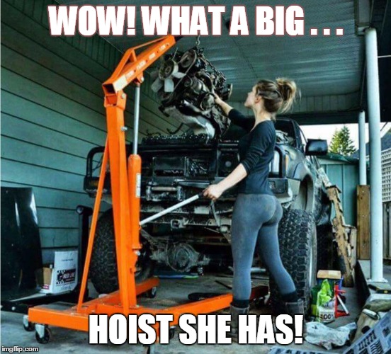 Wow What a big . . . | WOW! WHAT A BIG . . . HOIST SHE HAS! | image tagged in hoist,engine,oblivious hot girl | made w/ Imgflip meme maker