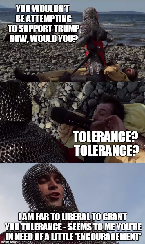 YOU WOULDN'T BE ATTEMPTING TO SUPPORT TRUMP NOW, WOULD YOU? TOLERANCE? TOLERANCE? I AM FAR TO LIBERAL TO GRANT YOU TOLERANCE - SEEMS TO ME YOU'RE IN NEED OF A LITTLE 'ENCOURAGEMENT' | image tagged in encouragement | made w/ Imgflip meme maker