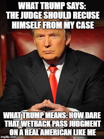 Serious Trump | WHAT TRUMP SAYS: THE JUDGE SHOULD RECUSE HIMSELF FROM MY CASE; WHAT TRUMP MEANS: HOW DARE THAT WETBACK PASS JUDGMENT ON A REAL AMERICAN LIKE ME | image tagged in serious trump | made w/ Imgflip meme maker