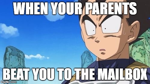 Surprized Vegeta | WHEN YOUR PARENTS; BEAT YOU TO THE MAILBOX | image tagged in memes,surprized vegeta | made w/ Imgflip meme maker