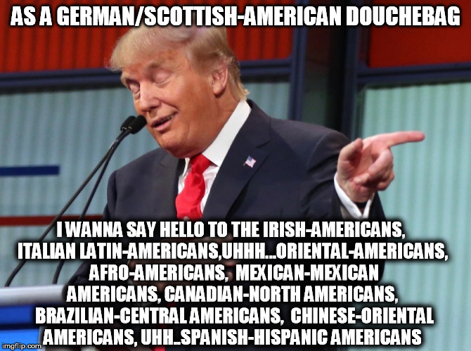 Trump Pointing Away | AS A GERMAN/SCOTTISH-AMERICAN DOUCHEBAG; I WANNA SAY HELLO TO THE IRISH-AMERICANS, ITALIAN LATIN-AMERICANS,UHHH...ORIENTAL-AMERICANS,  AFRO-AMERICANS,  MEXICAN-MEXICAN AMERICANS, CANADIAN-NORTH AMERICANS,  BRAZILIAN-CENTRAL AMERICANS,  CHINESE-ORIENTAL AMERICANS, UHH..SPANISH-HISPANIC AMERICANS | image tagged in trump pointing away,donald trump,american,dump trump,americans,drumpf | made w/ Imgflip meme maker