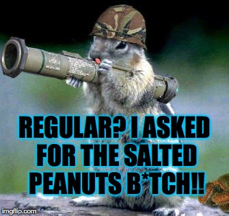 Better get it right next time | REGULAR? I ASKED FOR THE SALTED PEANUTS B*TCH!! | image tagged in memes,bazooka squirrel,animals,cute,funny memes,angry | made w/ Imgflip meme maker