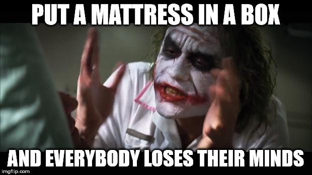 And everybody loses their minds | PUT A MATTRESS IN A BOX; AND EVERYBODY LOSES THEIR MINDS | image tagged in memes,and everybody loses their minds | made w/ Imgflip meme maker