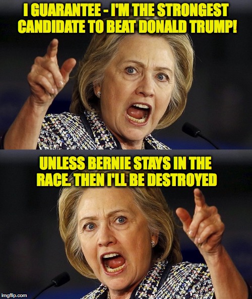 Which Hillary? | I GUARANTEE - I'M THE STRONGEST CANDIDATE TO BEAT DONALD TRUMP! UNLESS BERNIE STAYS IN THE RACE. THEN I'LL BE DESTROYED | image tagged in hillary clinton,bernie sanders | made w/ Imgflip meme maker