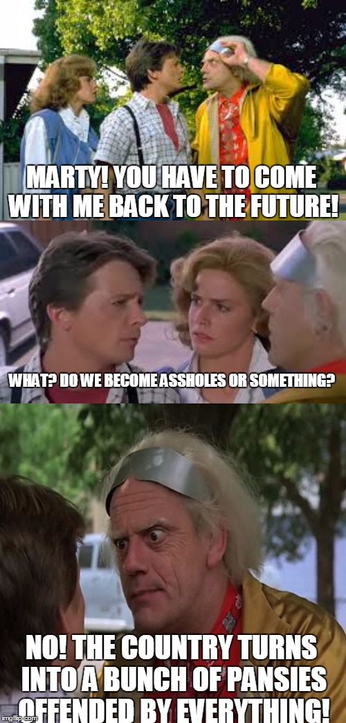 Save us Doc! | MARTY! YOU HAVE TO COME WITH ME BACK TO THE FUTURE! WHAT? DO WE BECOME ASSHOLES OR SOMETHING? NO! THE COUNTRY TURNS INTO A BUNCH OF PANSIES OFFENDED BY EVERYTHING! | image tagged in memes,back to the future,offended,liberals | made w/ Imgflip meme maker