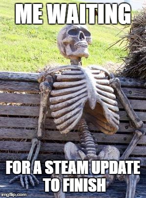 Waiting Skeleton Meme | ME WAITING; FOR A STEAM UPDATE TO FINISH | image tagged in memes,waiting skeleton,scumbag | made w/ Imgflip meme maker