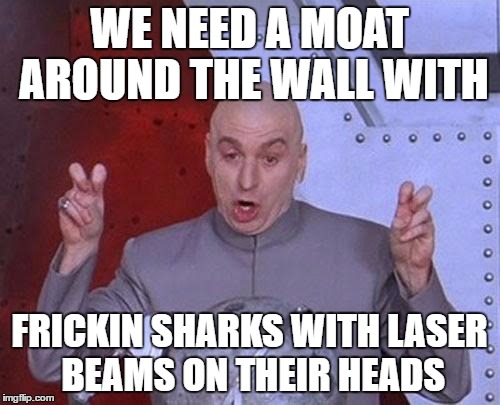 Great Idea For Trump's Wall | WE NEED A MOAT AROUND THE WALL WITH; FRICKIN SHARKS WITH LASER BEAMS ON THEIR HEADS | image tagged in memes,dr evil laser,trump | made w/ Imgflip meme maker