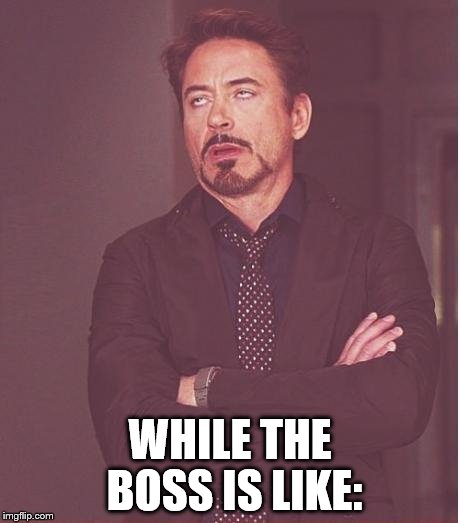 Face You Make Robert Downey Jr Meme | WHILE THE BOSS IS LIKE: | image tagged in memes,face you make robert downey jr | made w/ Imgflip meme maker