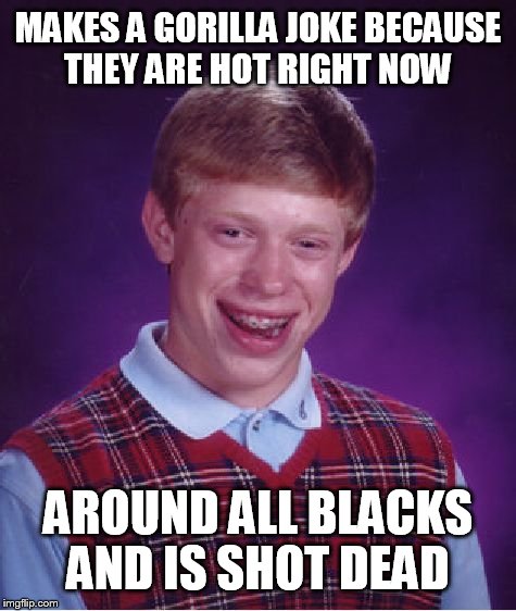 WHEN YOU TELL A INAPPROPRIATE JOKE AROUND THE WRONG PEOPLE  | MAKES A GORILLA JOKE BECAUSE THEY ARE HOT RIGHT NOW; AROUND ALL BLACKS AND IS SHOT DEAD | image tagged in memes,bad luck brian,funny,funny memes,racist,gorilla | made w/ Imgflip meme maker