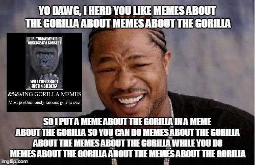 Yo Dawg Heard You Meme | YO DAWG, I HERD YOU LIKE MEMES ABOUT THE GORILLA ABOUT MEMES ABOUT THE GORILLA SO I PUT A MEME ABOUT THE GORILLA IN A MEME ABOUT THE GORILLA | image tagged in memes,yo dawg heard you | made w/ Imgflip meme maker