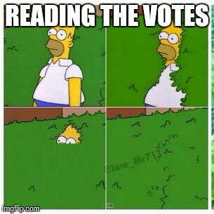 Homer hides | READING THE VOTES | image tagged in homer hides | made w/ Imgflip meme maker