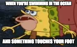 Spongegar | WHEN YOU'RE SWIMMING IN THE OCEAN; AND SOMETHING TOUCHES YOUR FOOT | image tagged in spongegar meme | made w/ Imgflip meme maker