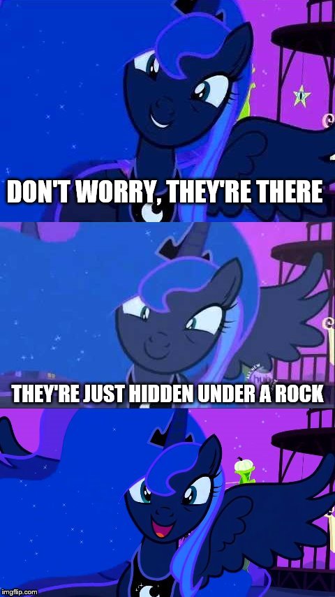 DON'T WORRY, THEY'RE THERE THEY'RE JUST HIDDEN UNDER A ROCK | image tagged in bad pun luna | made w/ Imgflip meme maker