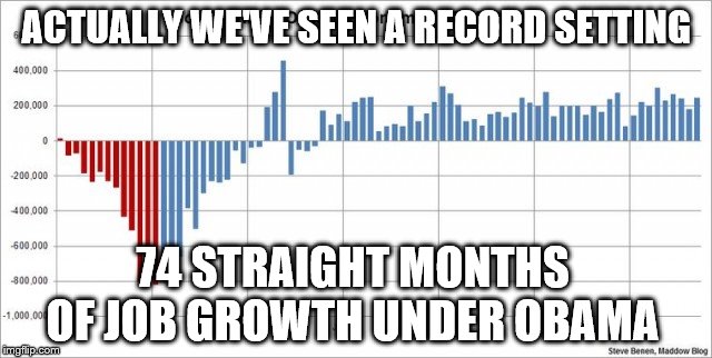 ACTUALLY WE'VE SEEN A RECORD SETTING 74 STRAIGHT MONTHS OF JOB GROWTH UNDER OBAMA | made w/ Imgflip meme maker