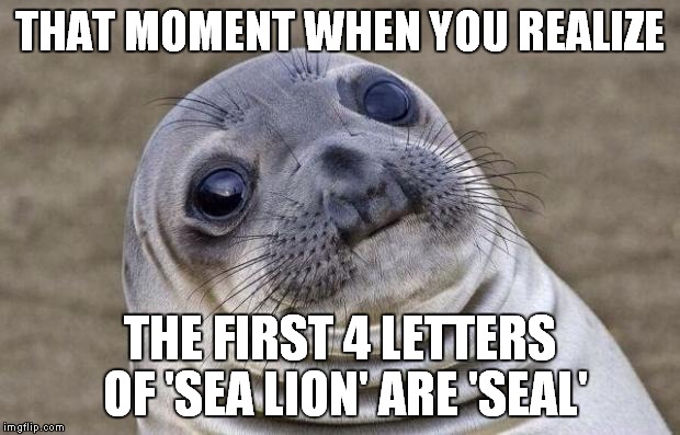 A sea lion isn't a seal. But the first 4 letters are. | THAT MOMENT WHEN YOU REALIZE; THE FIRST 4 LETTERS OF 'SEA LION' ARE 'SEAL' | image tagged in memes,awkward moment sealion | made w/ Imgflip meme maker
