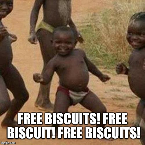 Third World Success Kid Meme | FREE BISCUITS! FREE BISCUIT! FREE BISCUITS! | image tagged in memes,third world success kid | made w/ Imgflip meme maker