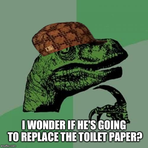 Philosoraptor Meme | I WONDER IF HE'S GOING TO REPLACE THE TOILET PAPER? | image tagged in memes,philosoraptor,scumbag | made w/ Imgflip meme maker