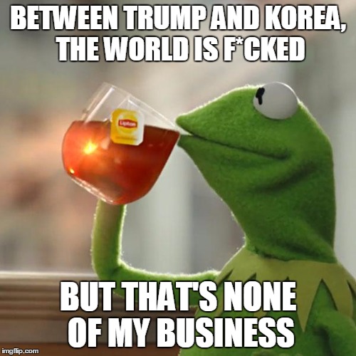 But That's None Of My Business | BETWEEN TRUMP AND KOREA, THE WORLD IS F*CKED; BUT THAT'S NONE OF MY BUSINESS | image tagged in memes,but thats none of my business,kermit the frog | made w/ Imgflip meme maker
