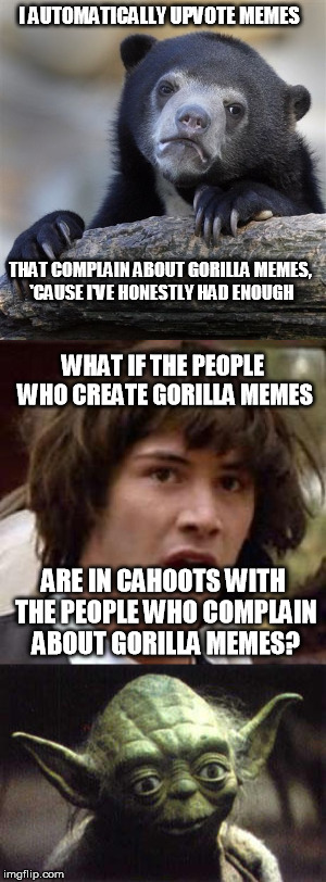 I AUTOMATICALLY UPVOTE MEMES; THAT COMPLAIN ABOUT GORILLA MEMES, 'CAUSE I'VE HONESTLY HAD ENOUGH; WHAT IF THE PEOPLE WHO CREATE GORILLA MEMES; ARE IN CAHOOTS WITH THE PEOPLE WHO COMPLAIN ABOUT GORILLA MEMES? | image tagged in confession bear,conspiracy keanu,surprised yoda | made w/ Imgflip meme maker