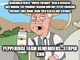 Pepperage farms remembers | REMEMBER WHEN "SUPER TUESDAY" WAS A SPECIFIC DAY DURING THE PRIMARY SEASON AND NOT EVERY FRICKING TUESDAY THAT MORE THAN TWO STATES ARE VOTING? PEPPERIDGE FARM REMEMBERS...STUPID CNN | image tagged in pepperage farms remembers | made w/ Imgflip meme maker