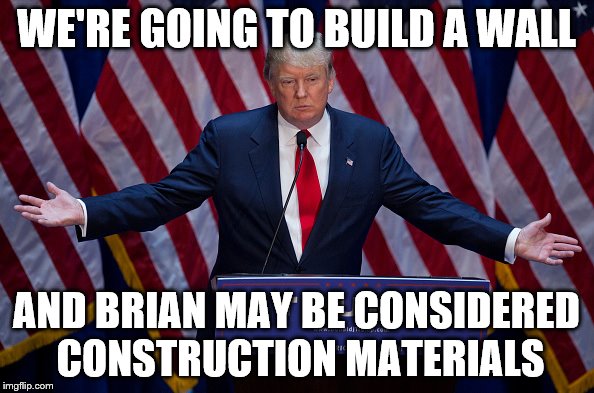 Trump Bruh | WE'RE GOING TO BUILD A WALL AND BRIAN MAY BE CONSIDERED CONSTRUCTION MATERIALS | image tagged in trump bruh | made w/ Imgflip meme maker