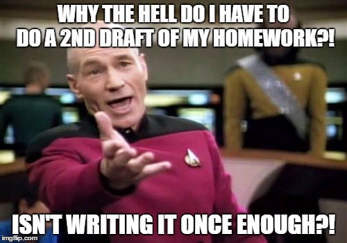 Picard Wtf | WHY THE HELL DO I HAVE TO DO A 2ND DRAFT OF MY HOMEWORK?! ISN'T WRITING IT ONCE ENOUGH?! | image tagged in memes,picard wtf | made w/ Imgflip meme maker
