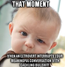 Skeptical Baby | THAT MOMENT; WHEN AN EXTROVERT INTERRUPTS
YOUR MEANINGFUL CONVERSATION
WITH CACKLING BULLSHIT! | image tagged in memes,skeptical baby | made w/ Imgflip meme maker