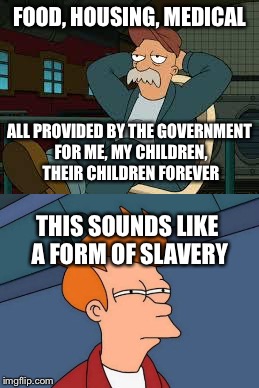 Government slaves, and all the work required is to vote for the masters each election | FOOD, HOUSING, MEDICAL; ALL PROVIDED BY THE GOVERNMENT FOR ME, MY CHILDREN, THEIR CHILDREN FOREVER; THIS SOUNDS LIKE A FORM OF SLAVERY | image tagged in welfare,slavery,memes | made w/ Imgflip meme maker
