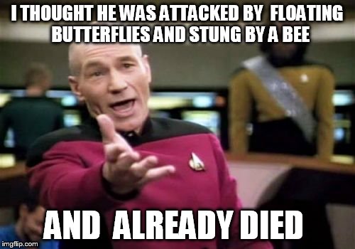 Picard Wtf Meme | I THOUGHT HE WAS ATTACKED BY  FLOATING  BUTTERFLIES AND STUNG BY A BEE AND  ALREADY DIED | image tagged in memes,picard wtf | made w/ Imgflip meme maker