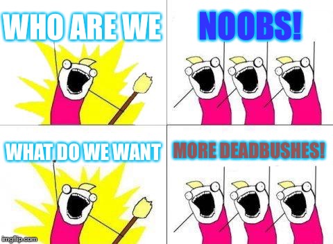 What Do We Want | WHO ARE WE; NOOBS! WHAT DO WE WANT; MORE DEADBUSHES! | image tagged in memes,what do we want | made w/ Imgflip meme maker