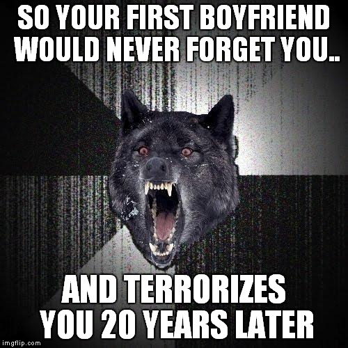 Found this one on Reddit. It hadn't been posted in months, so i decided to do it. | SO YOUR FIRST BOYFRIEND WOULD NEVER FORGET YOU.. AND TERRORIZES YOU 20 YEARS LATER | image tagged in memes,insanity wolf | made w/ Imgflip meme maker