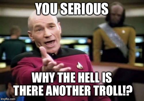 The user who keeps in contact with me has told me about a new troll, so I'm back! | YOU SERIOUS; WHY THE HELL IS THERE ANOTHER TROLL!? | image tagged in memes,picard wtf | made w/ Imgflip meme maker