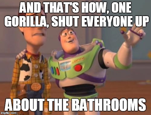 X, X Everywhere Meme | AND THAT'S HOW, ONE GORILLA, SHUT EVERYONE UP; ABOUT THE BATHROOMS | image tagged in memes,x x everywhere | made w/ Imgflip meme maker