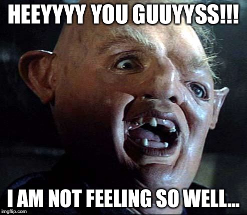 Sloth Goonies | HEEYYYY YOU GUUYYSS!!! I AM NOT FEELING SO WELL... | image tagged in sloth goonies | made w/ Imgflip meme maker
