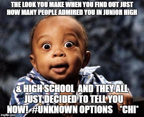 Surprised baby |  THE LOOK YOU MAKE WHEN YOU FIND OUT JUST HOW MANY PEOPLE ADMIRED YOU IN JUNIOR HIGH; & HIGH SCHOOL  AND THEY ALL  JUST DECIDED TO TELL YOU NOW!  #UNKNOWN OPTIONS    *CHI* | image tagged in surprised baby | made w/ Imgflip meme maker