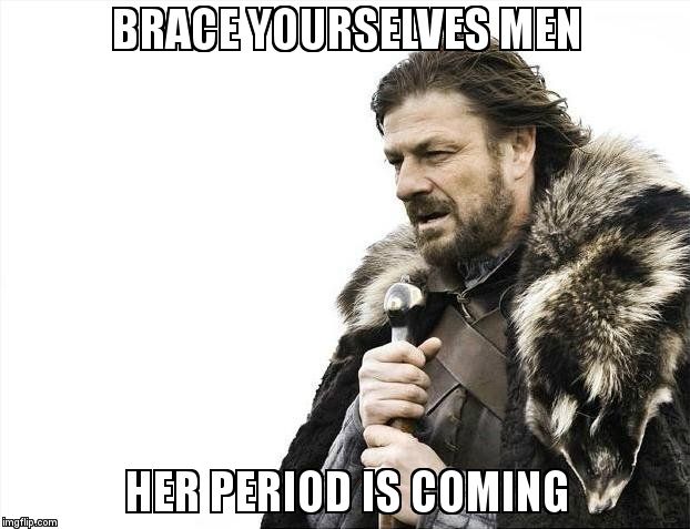 Brace Yourselves X is Coming | BRACE YOURSELVES MEN; HER PERIOD IS COMING | image tagged in memes,brace yourselves x is coming | made w/ Imgflip meme maker