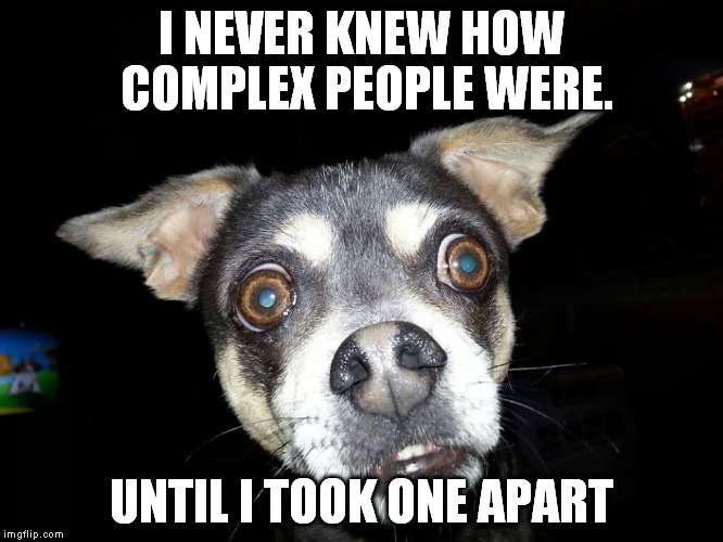 I NEVER KNEW HOW COMPLEX PEOPLE WERE. UNTIL I TOOK ONE APART | image tagged in scared dog | made w/ Imgflip meme maker