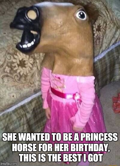 SHE WANTED TO BE A PRINCESS HORSE FOR HER BIRTHDAY, THIS IS THE BEST I GOT | image tagged in horse,princess,funny | made w/ Imgflip meme maker