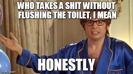 Austin Powers Honestly | WHO TAKES A SHIT WITHOUT FLUSHING THE TOILET, I MEAN; HONESTLY | image tagged in memes,austin powers honestly | made w/ Imgflip meme maker