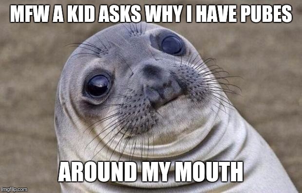 Awkward Moment Sealion | MFW A KID ASKS WHY I HAVE PUBES; AROUND MY MOUTH | image tagged in memes,awkward moment sealion | made w/ Imgflip meme maker