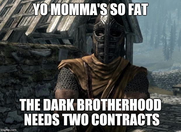 Skyrim yo momma jokes! | YO MOMMA'S SO FAT; THE DARK BROTHERHOOD NEEDS TWO CONTRACTS | image tagged in skyrim guards be like | made w/ Imgflip meme maker