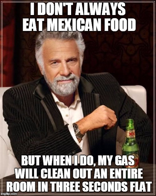The Most Interesting Man In The World Meme | I DON'T ALWAYS EAT MEXICAN FOOD; BUT WHEN I DO, MY GAS WILL CLEAN OUT AN ENTIRE ROOM IN THREE SECONDS FLAT | image tagged in memes,the most interesting man in the world | made w/ Imgflip meme maker