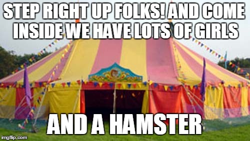 Now This Is My Kind Of Show (Circus) | STEP RIGHT UP FOLKS! AND COME INSIDE WE HAVE LOTS OF GIRLS; AND A HAMSTER | image tagged in leeds circus | made w/ Imgflip meme maker