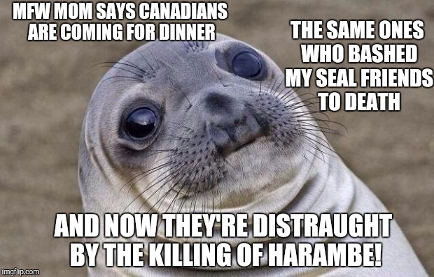 Awkward Moment Sealion | MFW MOM SAYS CANADIANS ARE COMING FOR DINNER; THE SAME ONES WHO BASHED MY SEAL FRIENDS TO DEATH; AND NOW THEY'RE DISTRAUGHT BY THE KILLING OF HARAMBE! | image tagged in memes,awkward moment sealion | made w/ Imgflip meme maker