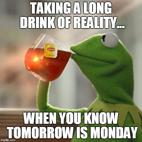 But That's None Of My Business Meme | TAKING A LONG DRINK OF REALITY... WHEN YOU KNOW TOMORROW IS MONDAY | image tagged in memes,but thats none of my business,kermit the frog | made w/ Imgflip meme maker