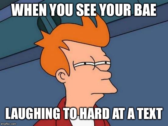 Futurama Fry | WHEN YOU SEE YOUR BAE; LAUGHING TO HARD AT A TEXT | image tagged in memes,futurama fry | made w/ Imgflip meme maker